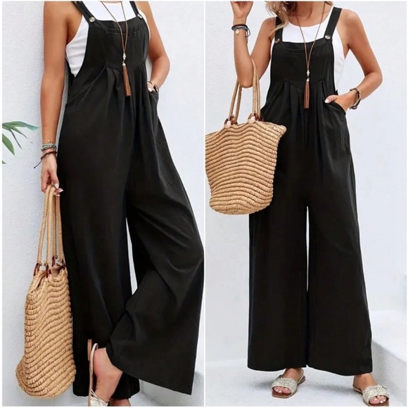 Solid Wide Leg Pockets Pleated Jumper Jumpsuit S M L XL XXL - Picture 3 of 4
